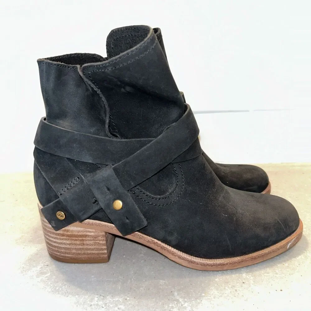 UGG Boots Womens 5 Elora Ankle Booties Black Suede Block Heels Pull‎ On EUC